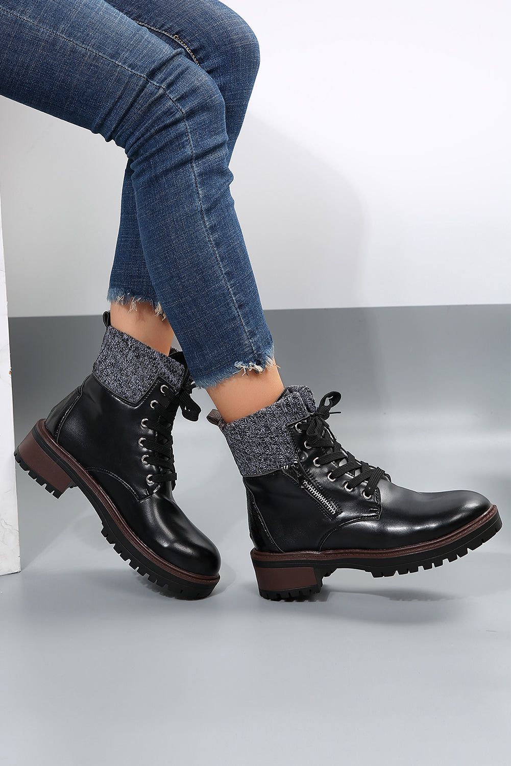 Black Knitted Patched Lace Up Heeled Ankle Boots - Yara fashion  93777744 Black Knitted Patched Lace Up Heeled Ankle Boots 