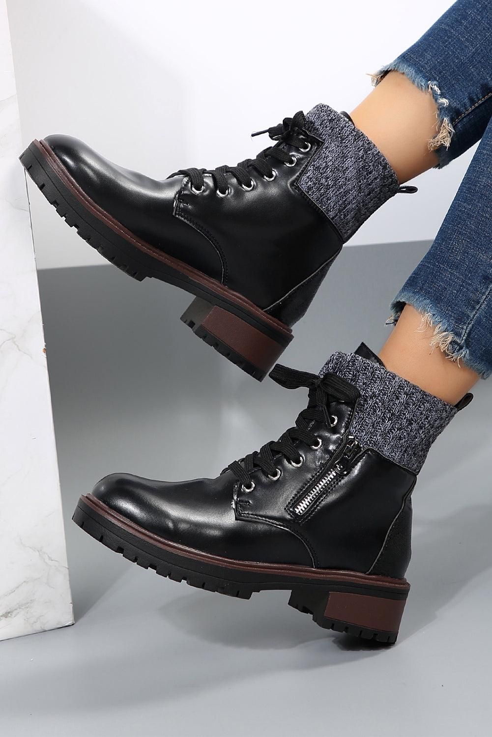 Black Knitted Patched Lace Up Heeled Ankle Boots - Yara fashion  64569313 Black Knitted Patched Lace Up Heeled Ankle Boots 