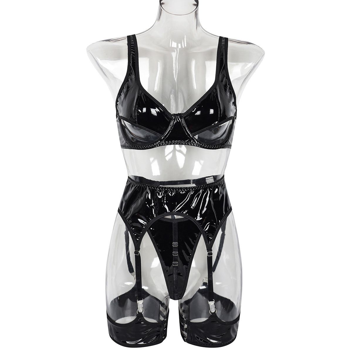 Black Patent Leather Faux Leather Sexy Cutout Complex Craft Sexy Four Piece Set Women - Yara fashion  81711905 Black Patent Leather Faux Leather Sexy Cutout Complex Craft Sexy Four Piece Set Women 