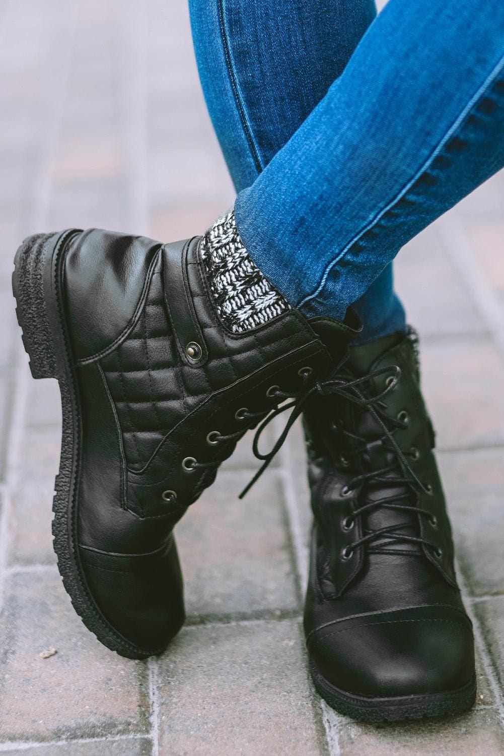 Black Quilted Zipped Lace-up PU Leather Boots - Yara fashion  73647535 Black Quilted Zipped Lace-up PU Leather Boots 