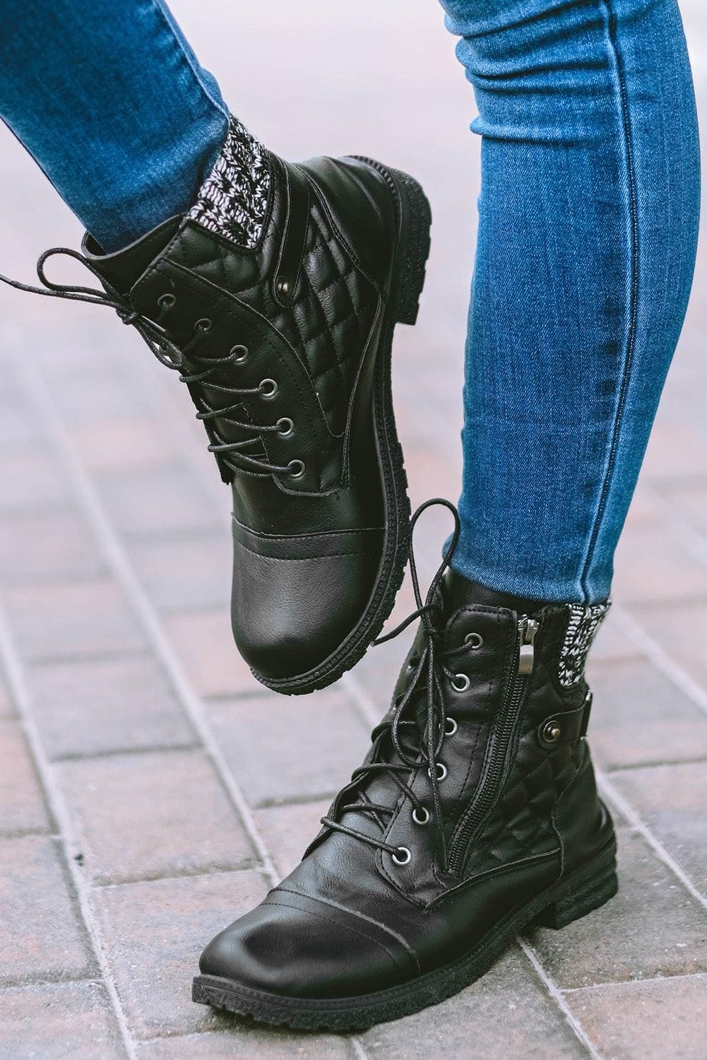 Black Quilted Zipped Lace-up PU Leather Boots - Yara fashion  220063 Black Quilted Zipped Lace-up PU Leather Boots 