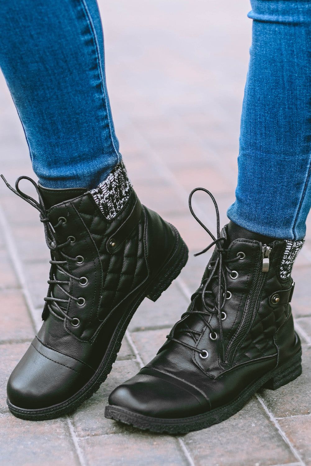 Black Quilted Zipped Lace-up PU Leather Boots - Yara fashion  33817302 Black Quilted Zipped Lace-up PU Leather Boots 