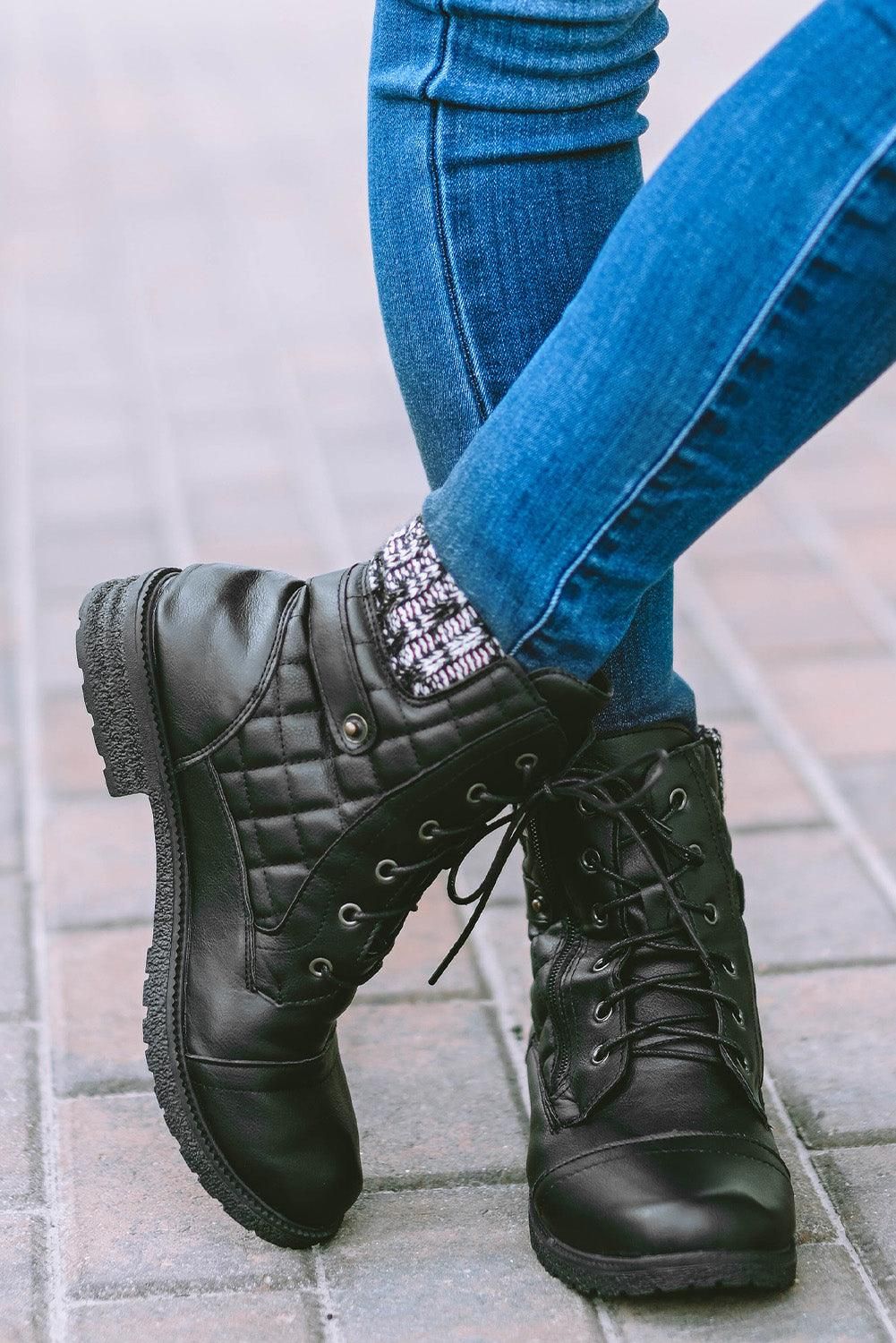 Black Quilted Zipped Lace-up PU Leather Boots - Yara fashion  33777690 Black Quilted Zipped Lace-up PU Leather Boots 