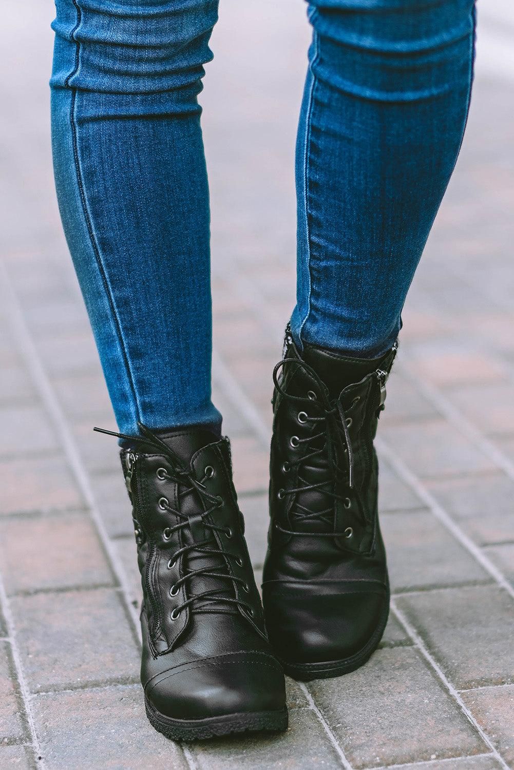 Black Quilted Zipped Lace-up PU Leather Boots - Yara fashion  77732739 Black Quilted Zipped Lace-up PU Leather Boots 