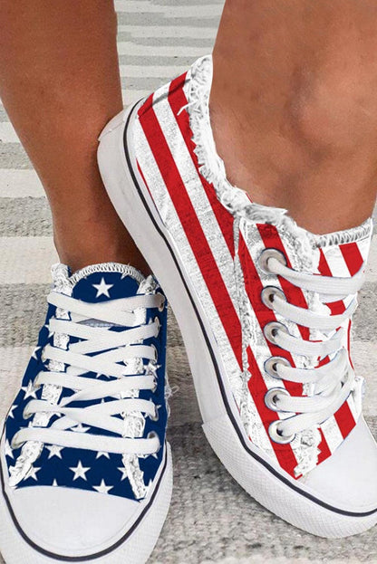 Blue American Flag Lace-up Canvas Flat Shoes - Yara fashion  42141198 Blue American Flag Lace-up Canvas Flat Shoes 