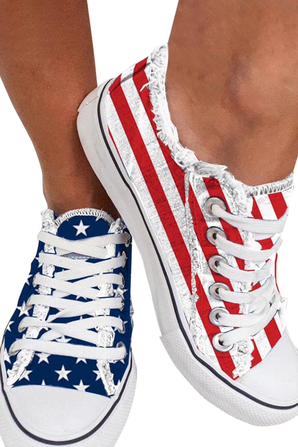 Blue American Flag Lace-up Canvas Flat Shoes - Yara fashion  86664001 Blue American Flag Lace-up Canvas Flat Shoes 