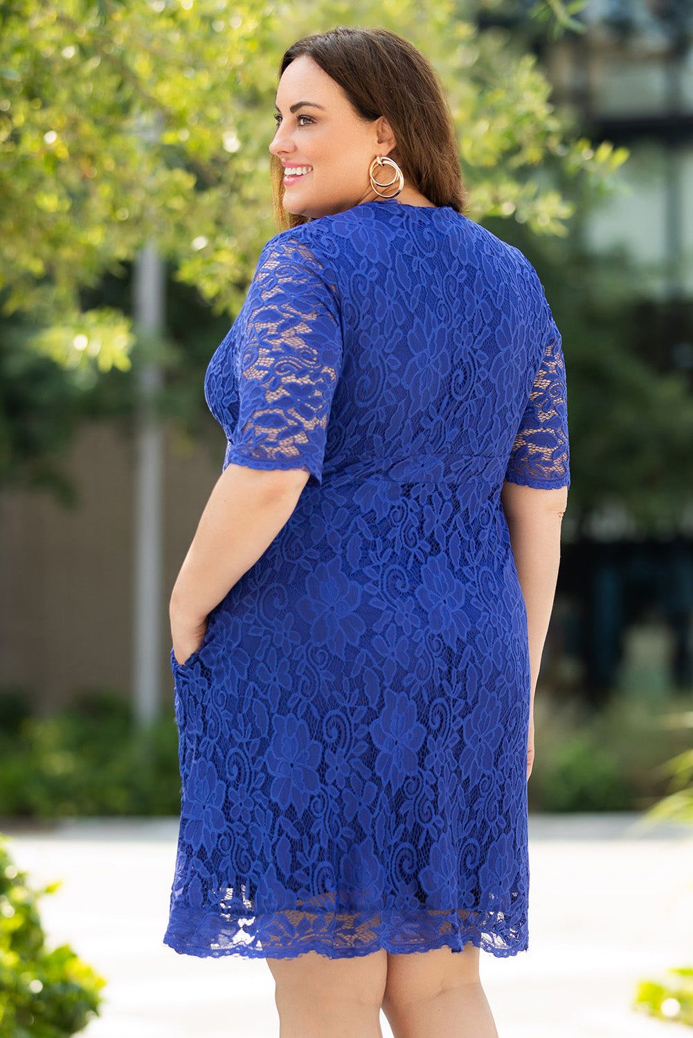 Blue Plus Size Half Sleeve Lined Lace Midi Dress - Yara fashion  11166906 Blue Plus Size Half Sleeve Lined Lace Midi Dress 