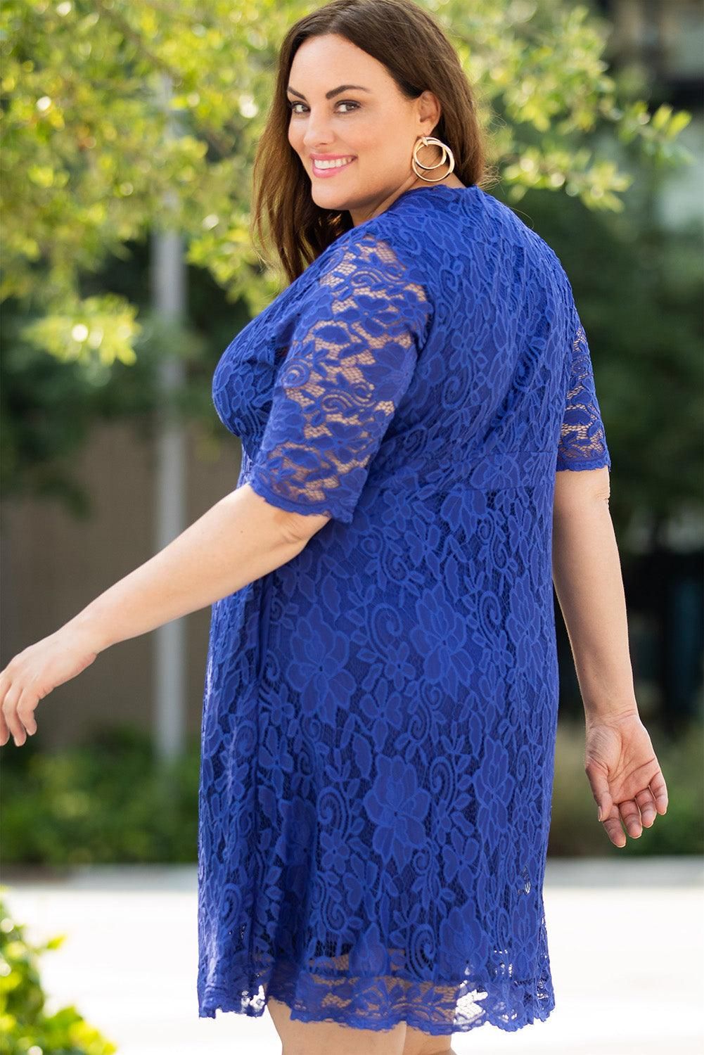 Blue Plus Size Half Sleeve Lined Lace Midi Dress - Yara fashion  10411235 Blue Plus Size Half Sleeve Lined Lace Midi Dress 