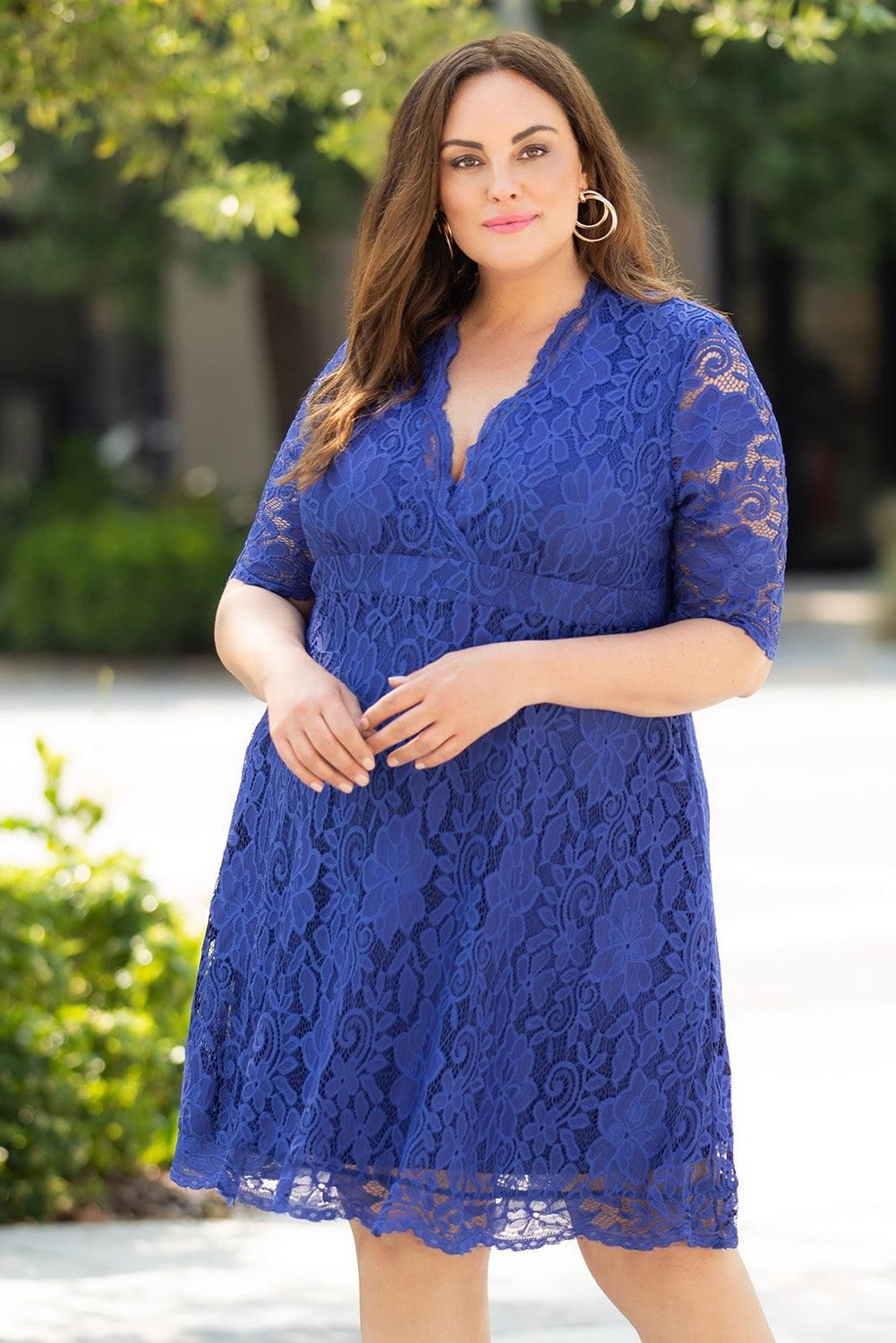 Blue Plus Size Half Sleeve Lined Lace Midi Dress - Yara fashion  50139565 Blue Plus Size Half Sleeve Lined Lace Midi Dress 