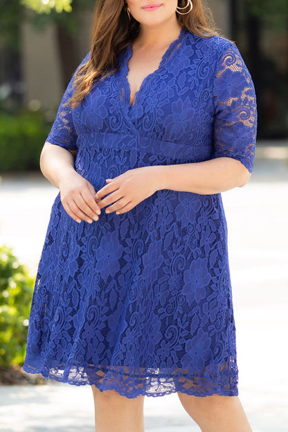 Blue Plus Size Half Sleeve Lined Lace Midi Dress - Yara fashion  72119750 Blue Plus Size Half Sleeve Lined Lace Midi Dress 