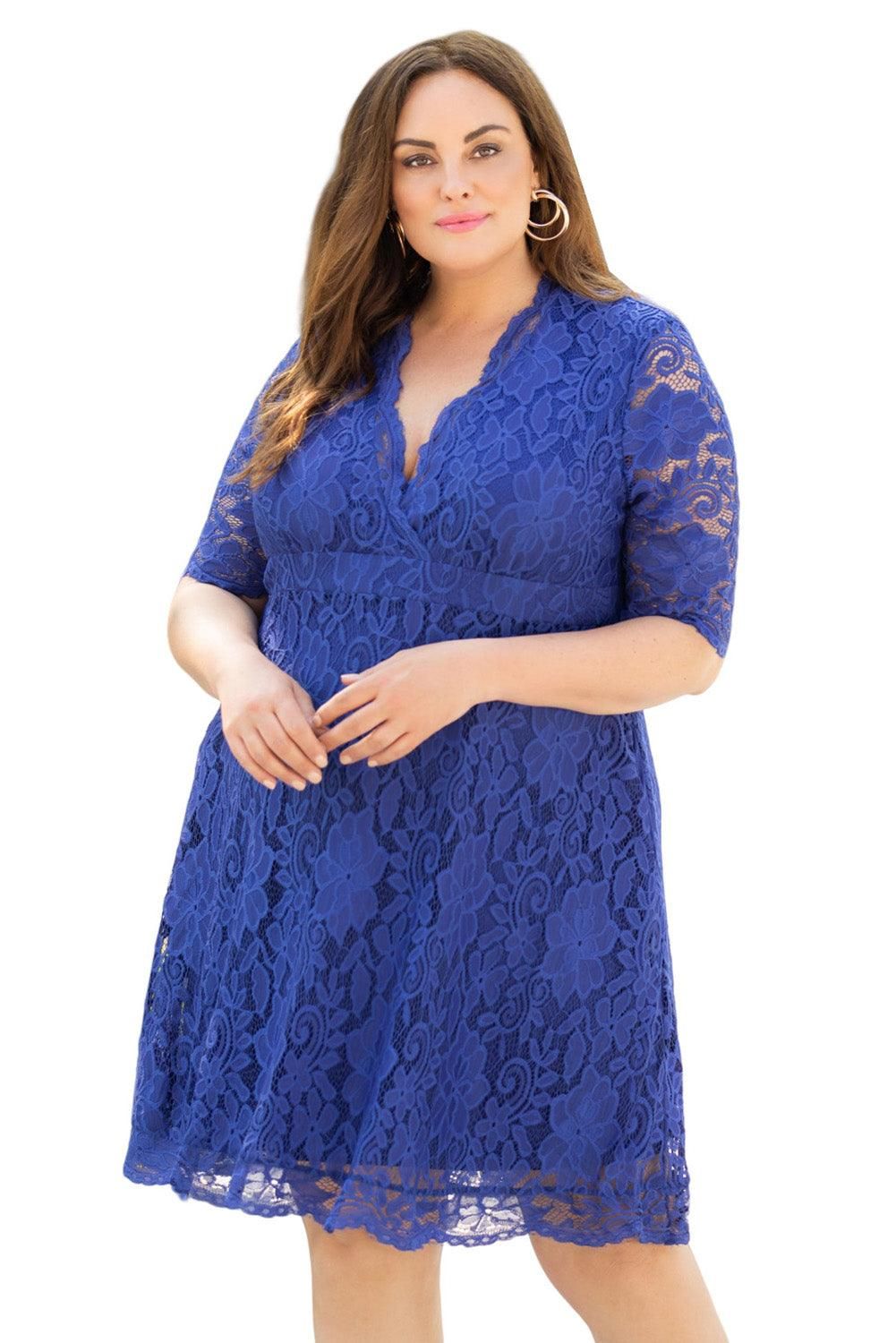 Blue Plus Size Half Sleeve Lined Lace Midi Dress - Yara fashion  14563901 Blue Plus Size Half Sleeve Lined Lace Midi Dress 