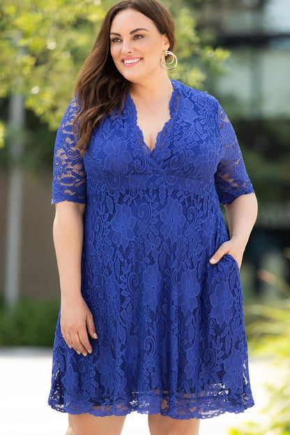 Blue Plus Size Half Sleeve Lined Lace Midi Dress - Yara fashion  68935878 Blue Plus Size Half Sleeve Lined Lace Midi Dress 