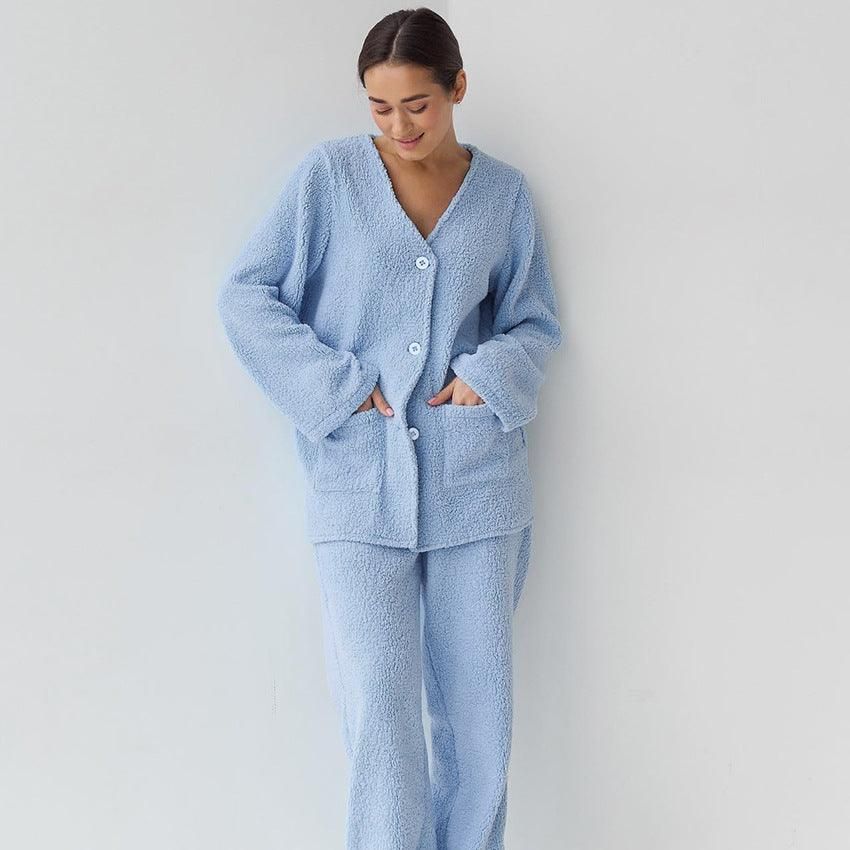 Blue Woolen Comfortable Warm Long Sleeves Pajamas Two Piece Set Exclusive for Ladies Homewear - Yara fashion  61200993 Blue Woolen Comfortable Warm Long Sleeves Pajamas Two Piece Set Exclusive for Ladies Homewear 