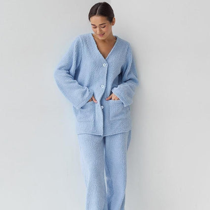 Blue Woolen Comfortable Warm Long Sleeves Pajamas Two Piece Set Exclusive for Ladies Homewear - Yara fashion  61200993 Blue Woolen Comfortable Warm Long Sleeves Pajamas Two Piece Set Exclusive for Ladies Homewear 