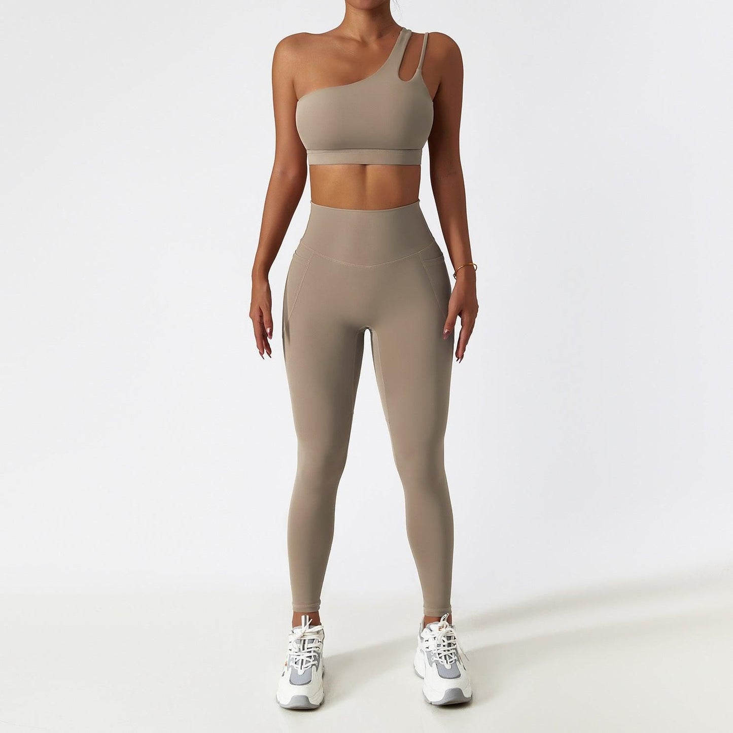 Breathable Cloud Feeling Quick Drying Skinny Yoga Clothes Pocket Running Sports Suit Oblique Shoulder Nude Feel Fitness Suit Suit - Yara fashion  9211022 Breathable Cloud Feeling Quick Drying Skinny Yoga Clothes Pocket Running Sports Suit Oblique Shoulder Nude Feel Fitness Suit Suit 