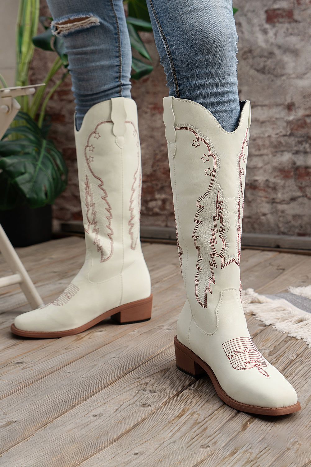 Bright White Geometric Leather Embroidered Boots - Yara fashion  72552105 Bright White Geometric Leather Embroidered Boots 