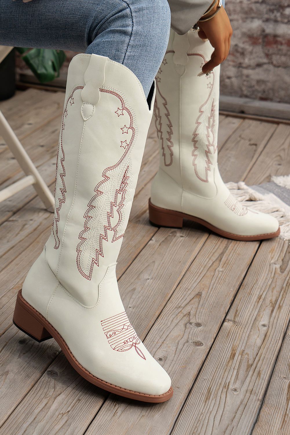 Bright White Geometric Leather Embroidered Boots - Yara fashion  34284901 Bright White Geometric Leather Embroidered Boots 