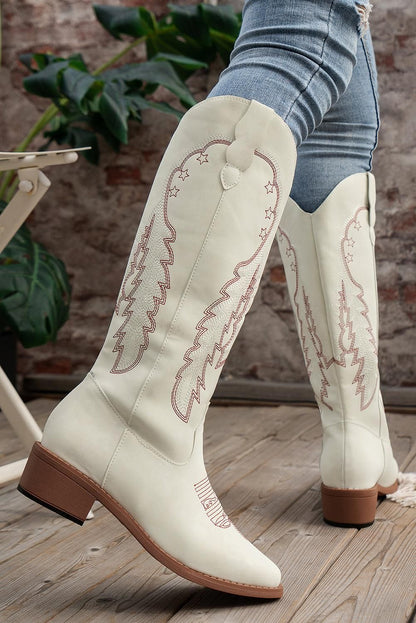 Bright White Geometric Leather Embroidered Boots - Yara fashion  5799864 Bright White Geometric Leather Embroidered Boots 