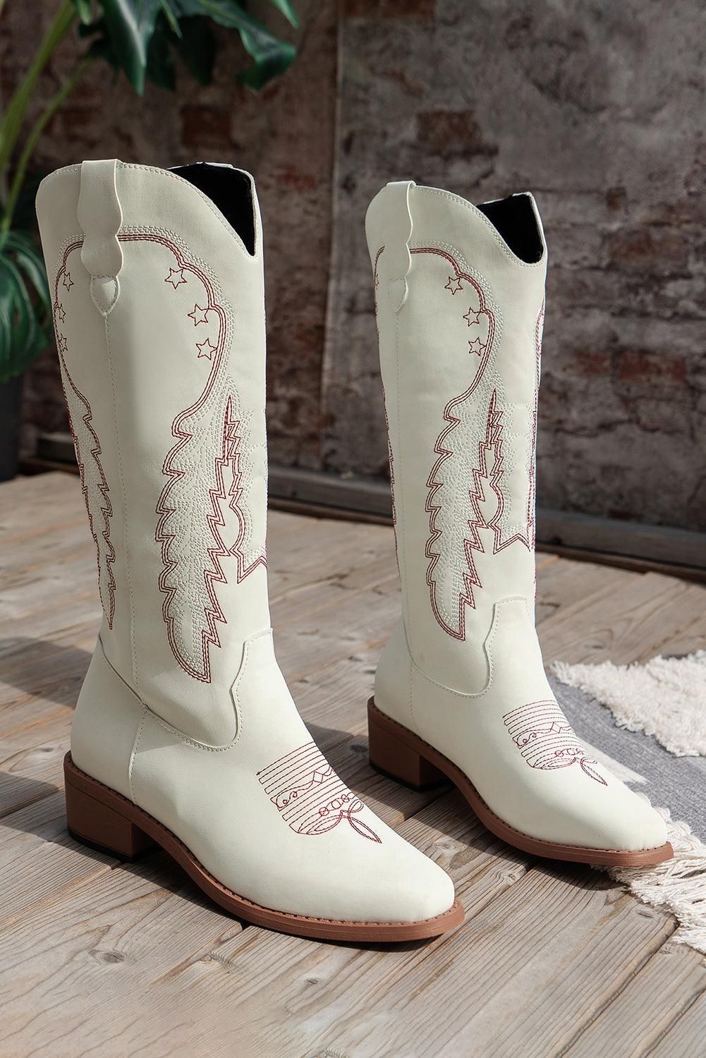 Bright White Geometric Leather Embroidered Boots - Yara fashion  45632913 Bright White Geometric Leather Embroidered Boots 