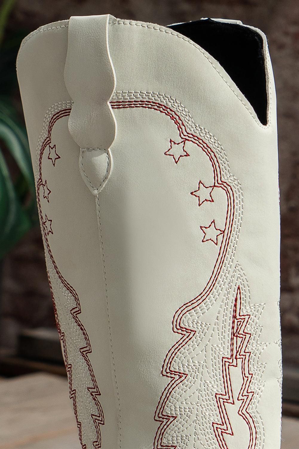 Bright White Geometric Leather Embroidered Boots - Yara fashion  77834281 Bright White Geometric Leather Embroidered Boots 