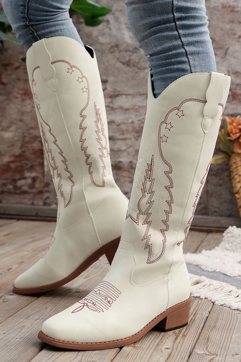 Bright White Geometric Leather Embroidered Boots - Yara fashion  1188965 Bright White Geometric Leather Embroidered Boots 