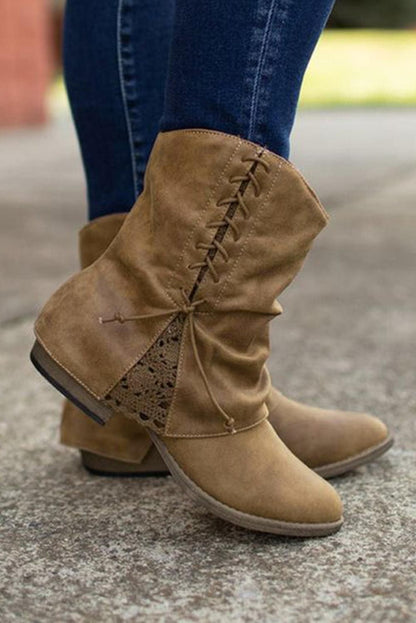 Brown Lace Detail Faux Leather Ankle Boots - Yara fashion  97057899 Brown Lace Detail Faux Leather Ankle Boots 