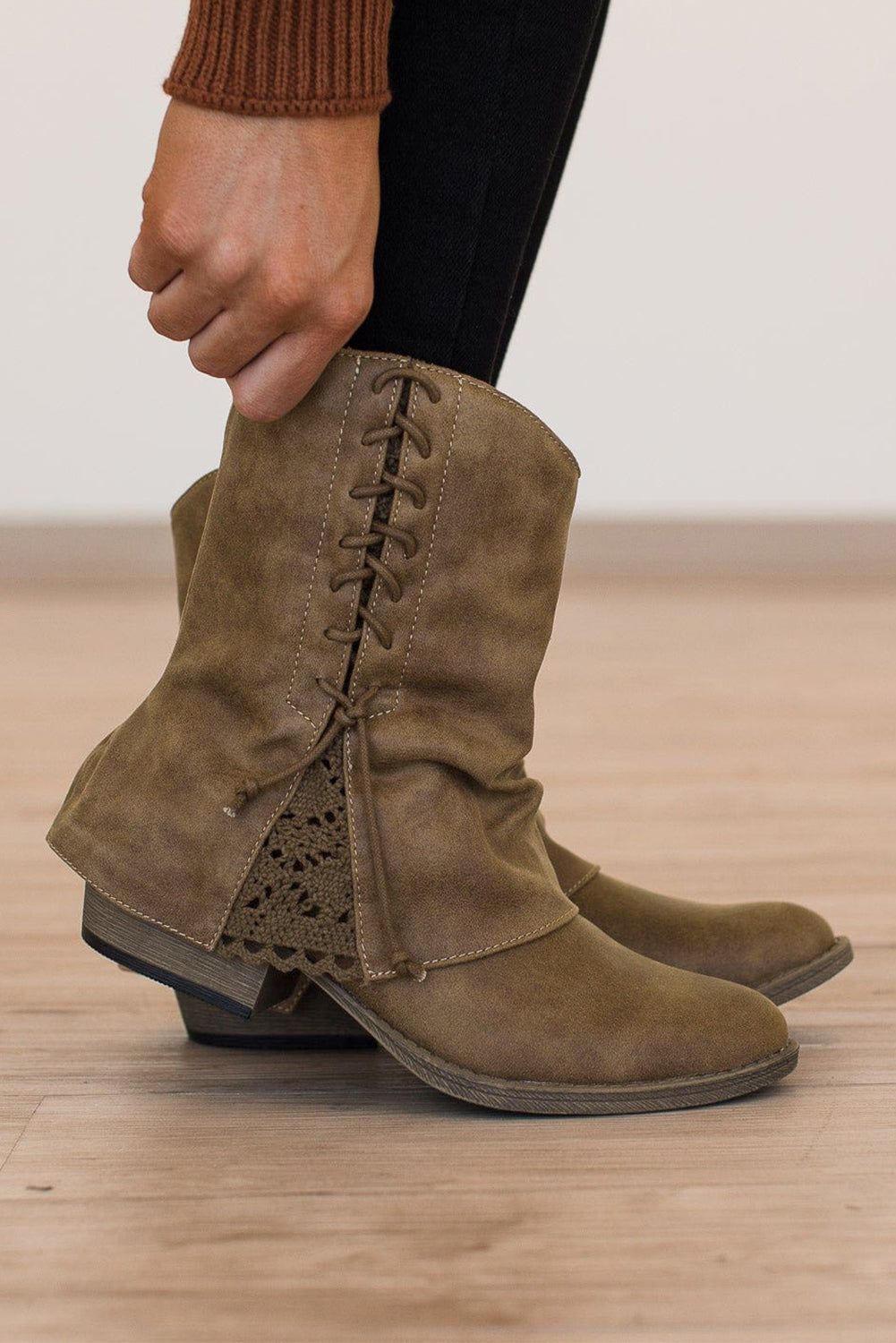 Brown Lace Detail Faux Leather Ankle Boots - Yara fashion  57993920 Brown Lace Detail Faux Leather Ankle Boots 