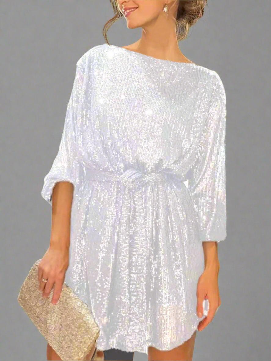 Sequin Tie Waist Long Sleeve Mini Dress