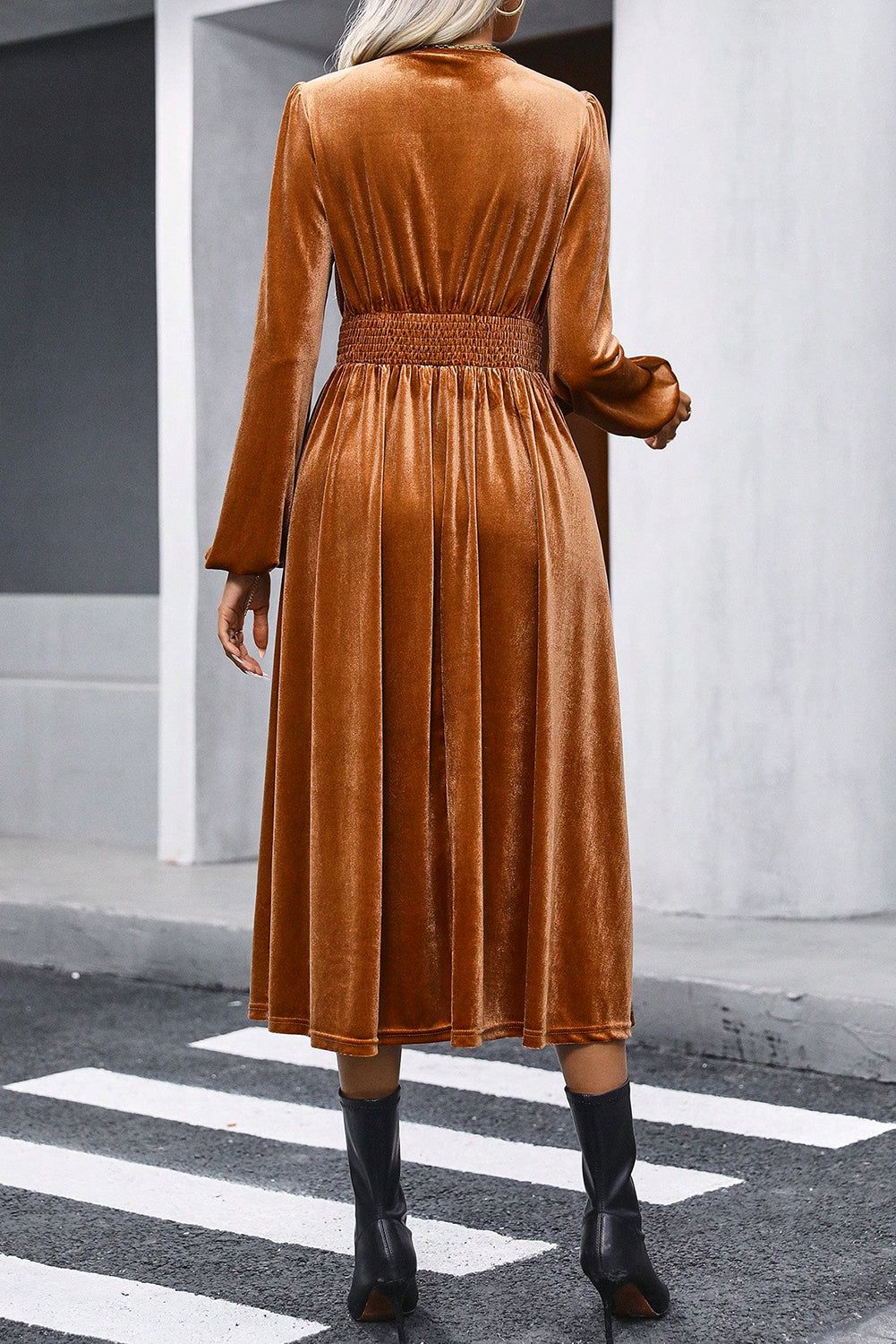 Camel Surplice V Neck Balloon Sleeve Velvet Dress - Yara fashion  72919530 Camel Surplice V Neck Balloon Sleeve Velvet Dress 