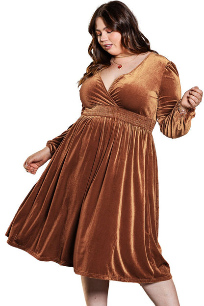 Camel Surplice V Neck Balloon Sleeve Velvet Dress - Yara fashion  15213141 Camel Surplice V Neck Balloon Sleeve Velvet Dress 