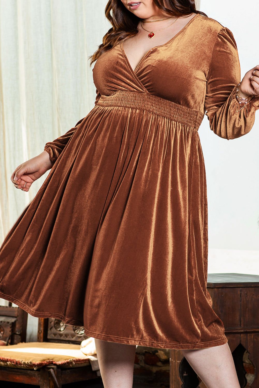 Camel Surplice V Neck Balloon Sleeve Velvet Dress - Yara fashion  5364248 Camel Surplice V Neck Balloon Sleeve Velvet Dress 