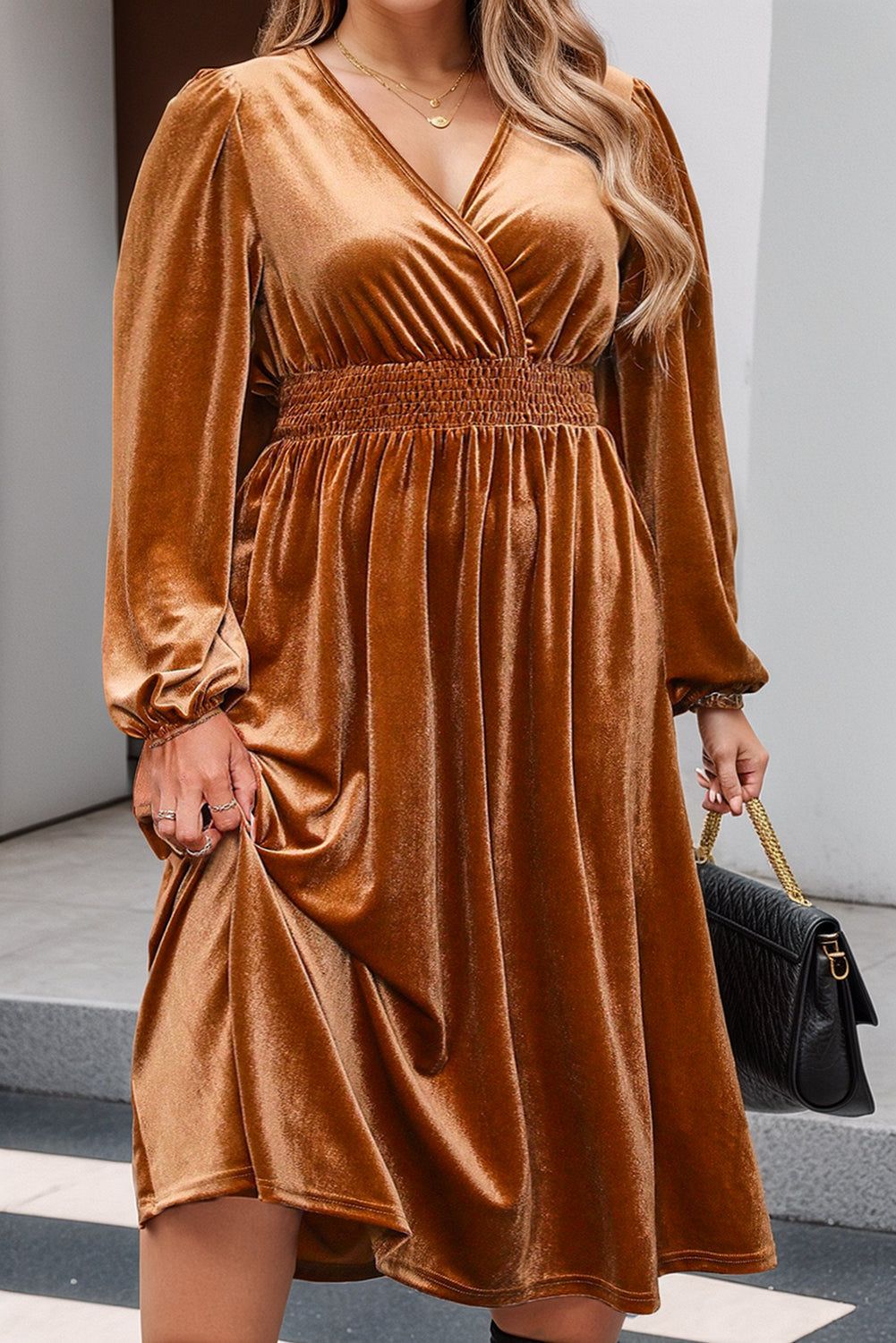 Camel Surplice V Neck Balloon Sleeve Velvet Dress - Yara fashion  14950240 Camel Surplice V Neck Balloon Sleeve Velvet Dress 