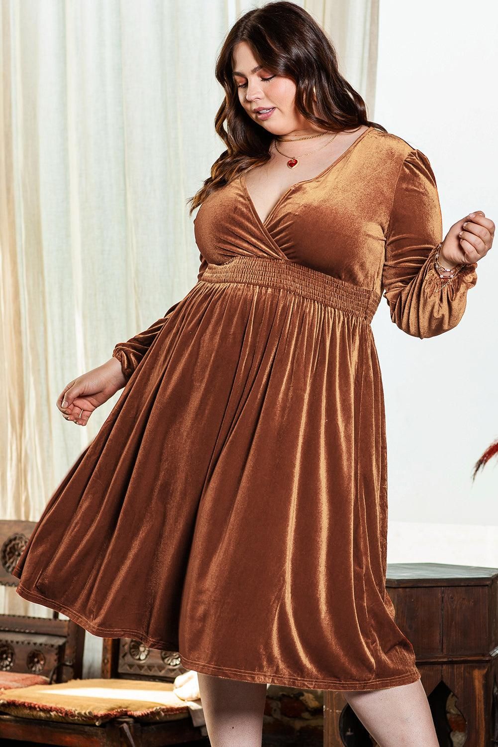 Camel Surplice V Neck Balloon Sleeve Velvet Dress - Yara fashion  9646898 Camel Surplice V Neck Balloon Sleeve Velvet Dress 