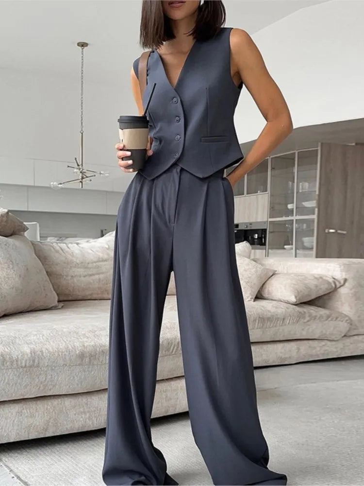 casual sleeveless suit set office lady spring summer elegant slim v-neck blazer tops pants two piece set women outfit 2024