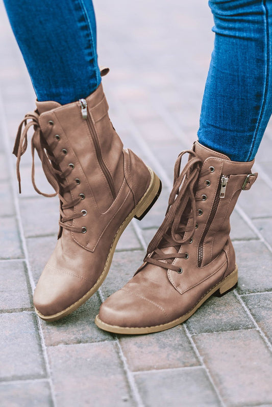 Chestnut Buckle Strap Zipper Decor Lace-up Leather Boots - Yara fashion  27941311 Chestnut Buckle Strap Zipper Decor Lace-up Leather Boots 