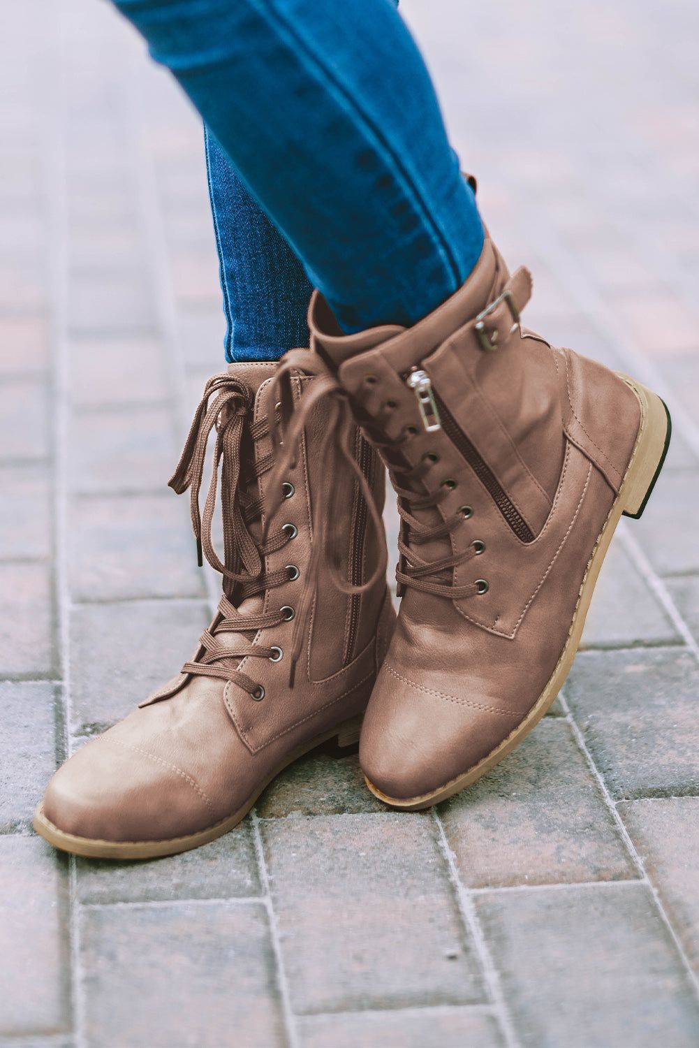 Chestnut Buckle Strap Zipper Decor Lace-up Leather Boots - Yara fashion  49630302 Chestnut Buckle Strap Zipper Decor Lace-up Leather Boots 