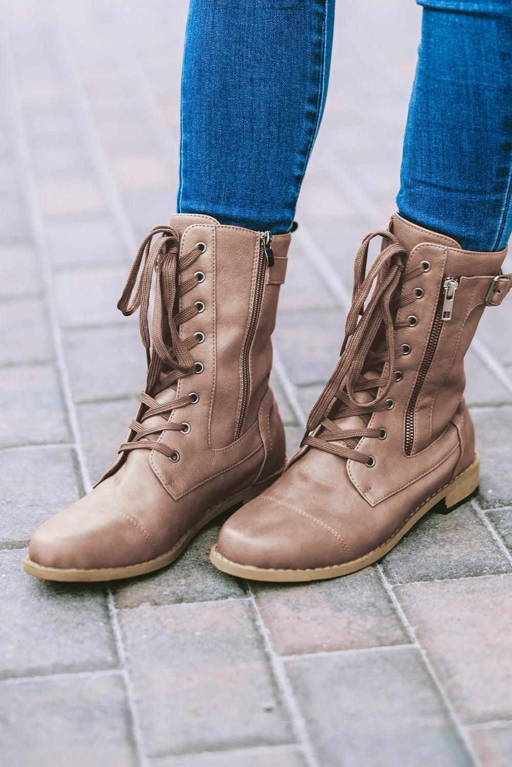 Chestnut Buckle Strap Zipper Decor Lace-up Leather Boots - Yara fashion  73033415 Chestnut Buckle Strap Zipper Decor Lace-up Leather Boots 