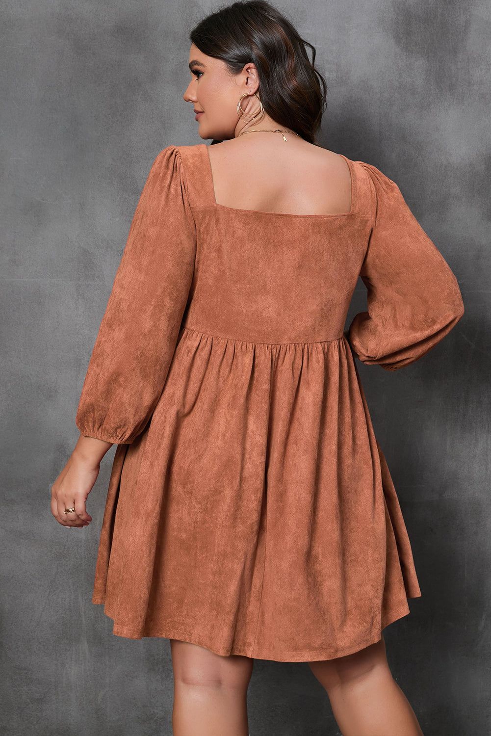 Chestnut Plus Size Suede Square Neck Balloon Sleeve Dress - Yara fashion  49864507 Chestnut Plus Size Suede Square Neck Balloon Sleeve Dress 