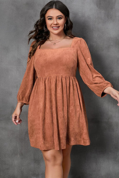 Chestnut Plus Size Suede Square Neck Balloon Sleeve Dress - Yara fashion  35723759 Chestnut Plus Size Suede Square Neck Balloon Sleeve Dress 