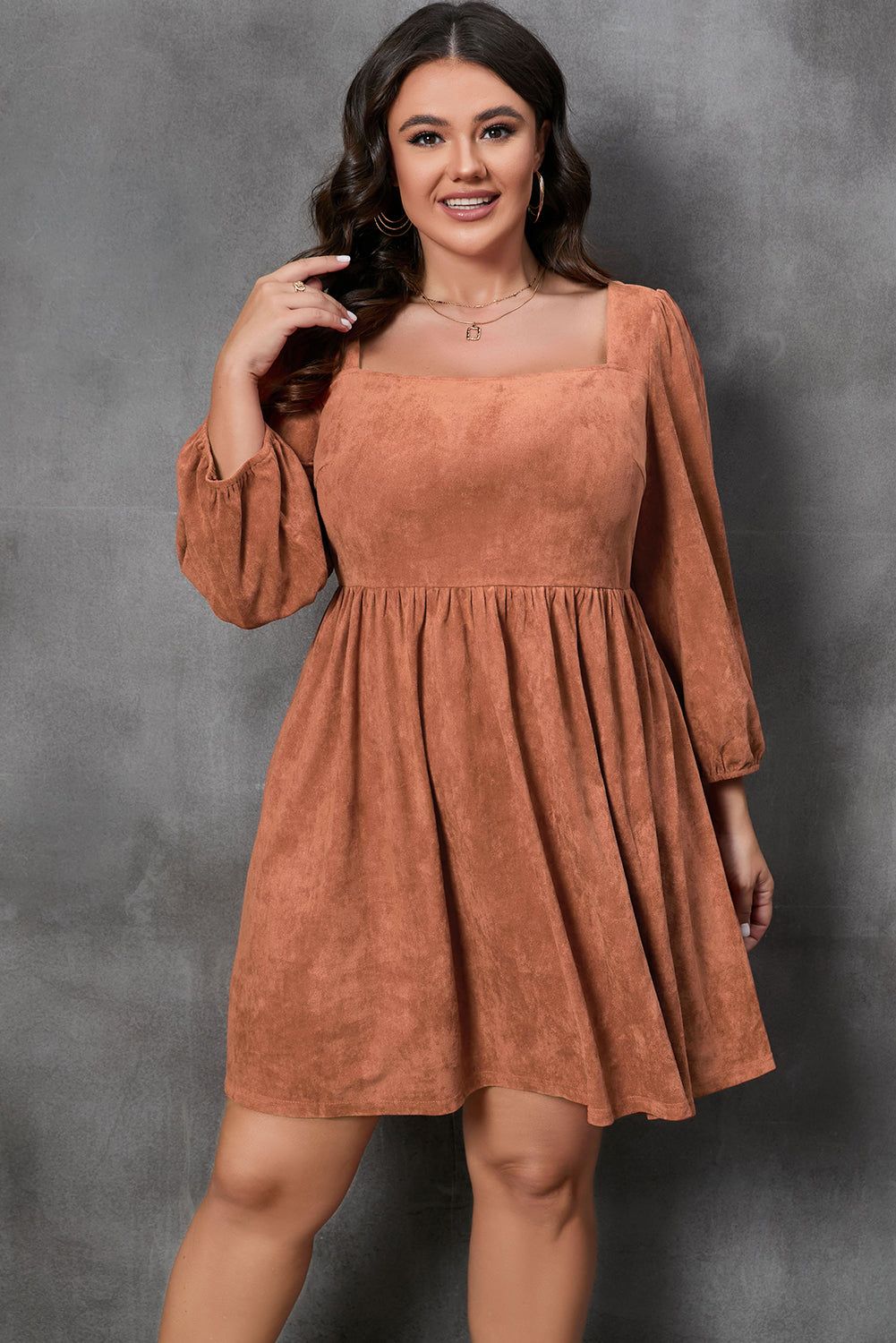 Chestnut Plus Size Suede Square Neck Balloon Sleeve Dress - Yara fashion  98343073 Chestnut Plus Size Suede Square Neck Balloon Sleeve Dress 