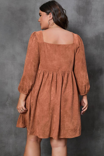 Chestnut Plus Size Suede Square Neck Balloon Sleeve Dress - Yara fashion  21041293 Chestnut Plus Size Suede Square Neck Balloon Sleeve Dress 