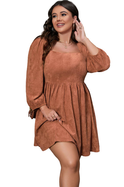 Chestnut Plus Size Suede Square Neck Balloon Sleeve Dress - Yara fashion  5494813 Chestnut Plus Size Suede Square Neck Balloon Sleeve Dress 