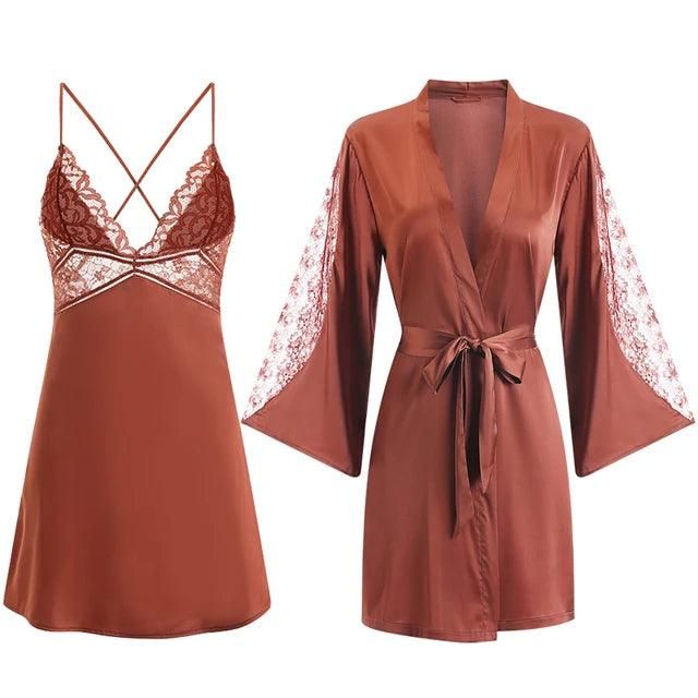 CINOON Sexy Female Sleepwear Silk Robe Set Summer Kimono Bathrobe Lace Bath Gown Wedding Night Dress Home Clothes Nightwear - Yara fashion  12175952 CINOON Sexy Female Sleepwear Silk Robe Set Summer Kimono Bathrobe Lace Bath Gown Wedding Night Dress Home Clothes Nightwear 