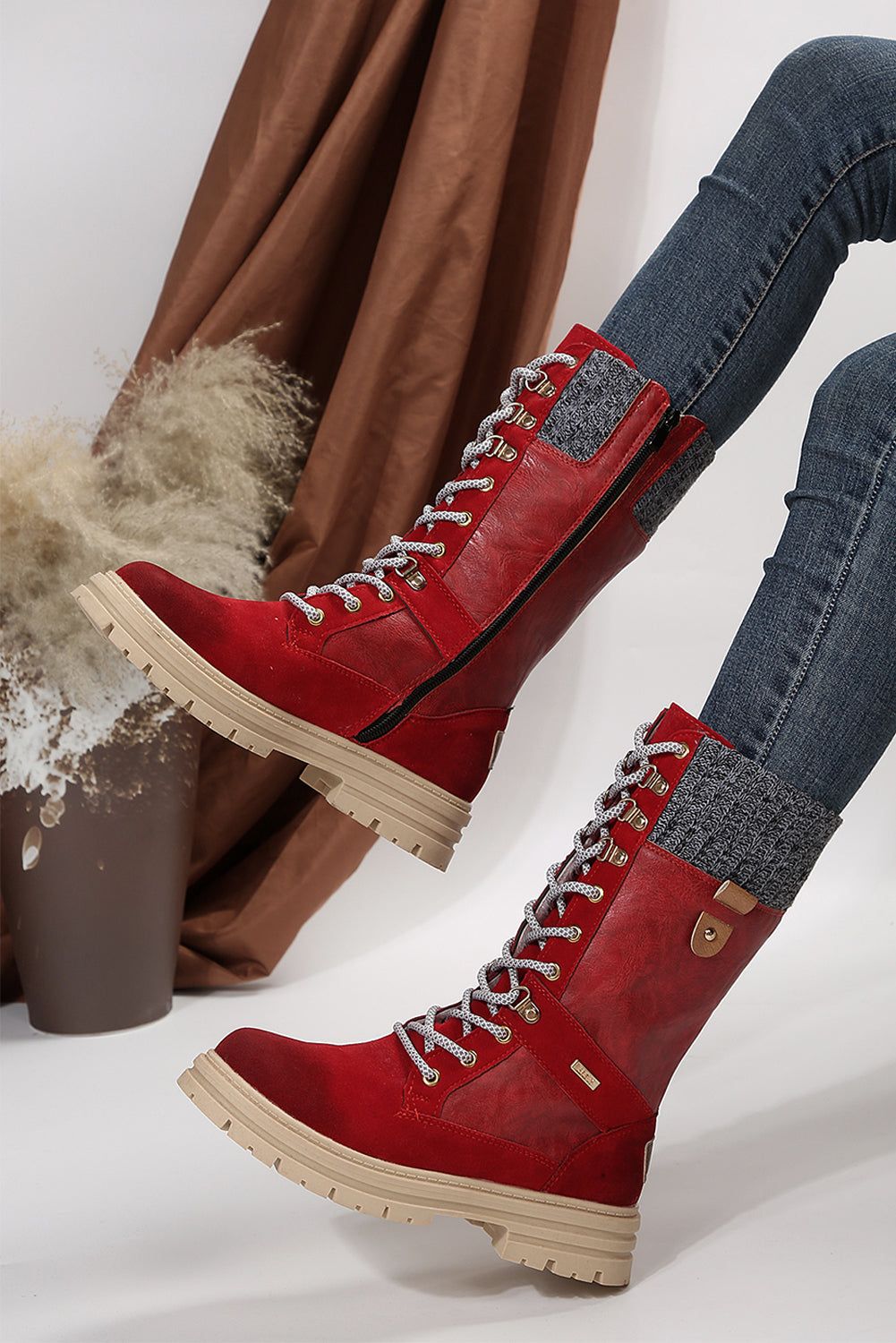 Coffee Wool Knit Patchwork Lace Up Leather Boots - Yara fashion  44145648 Coffee Wool Knit Patchwork Lace Up Leather Boots 