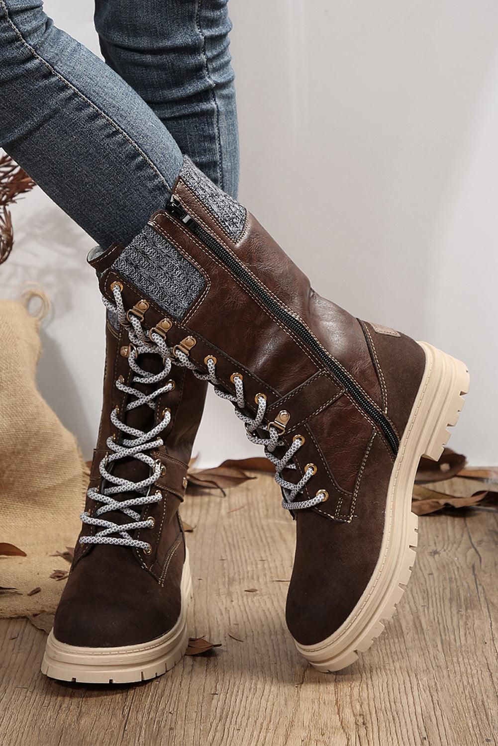 Coffee Wool Knit Patchwork Lace Up Leather Boots - Yara fashion  12489118 Coffee Wool Knit Patchwork Lace Up Leather Boots 