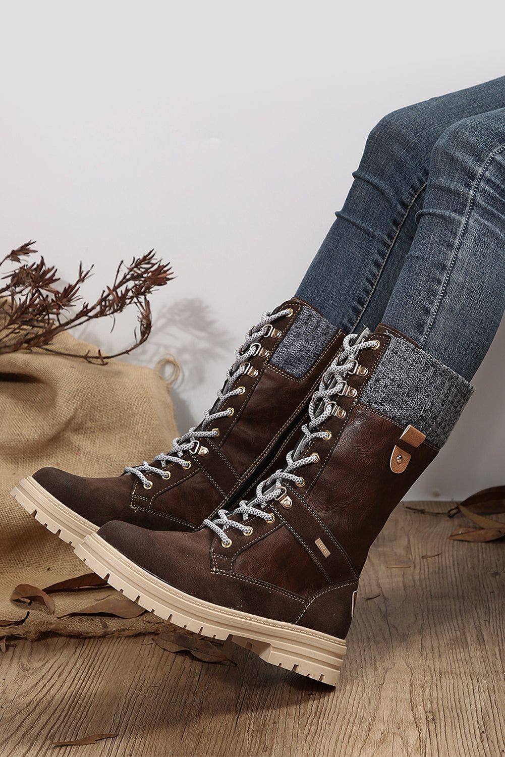 Coffee Wool Knit Patchwork Lace Up Leather Boots - Yara fashion  51826625 Coffee Wool Knit Patchwork Lace Up Leather Boots 