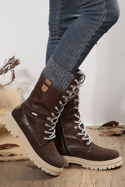 Coffee Wool Knit Patchwork Lace Up Leather Boots - Yara fashion  52633152 Coffee Wool Knit Patchwork Lace Up Leather Boots 