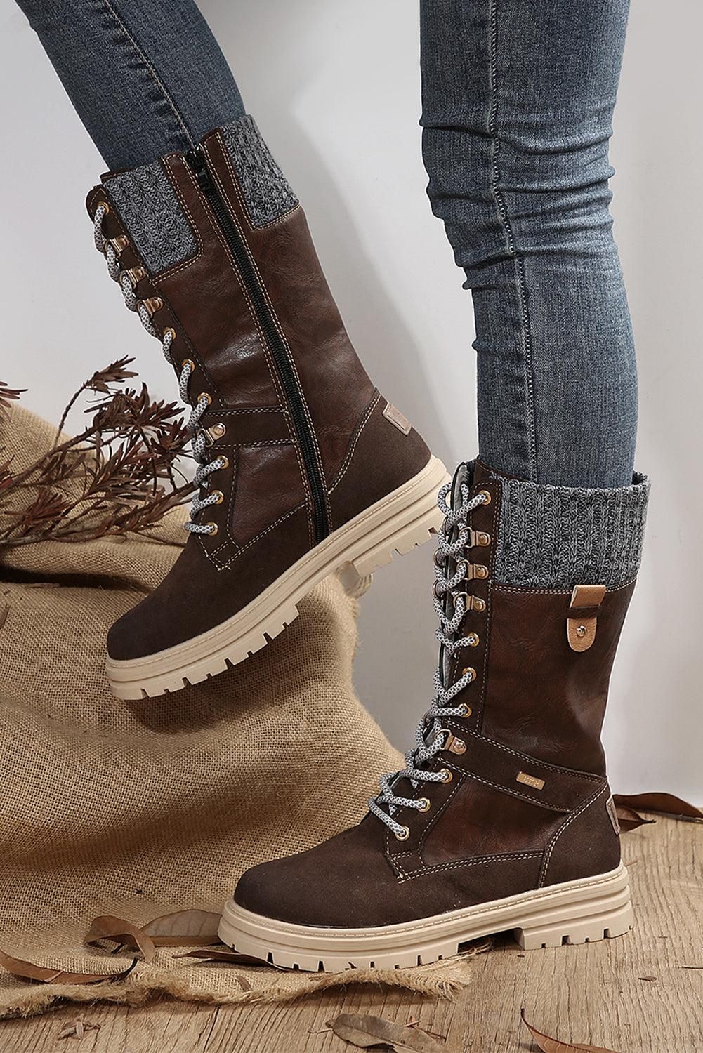 Coffee Wool Knit Patchwork Lace Up Leather Boots - Yara fashion  5745891 Coffee Wool Knit Patchwork Lace Up Leather Boots 