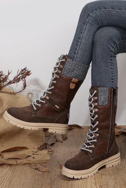 Coffee Wool Knit Patchwork Lace Up Leather Boots - Yara fashion  76942628 Coffee Wool Knit Patchwork Lace Up Leather Boots 