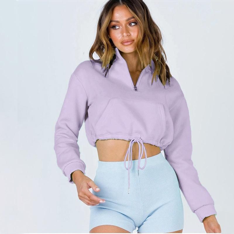 Collar Zipper Drawstring cropped Women Clothing Urban Casual Patch Pocket Long Sleeve Sweater - Yara fashion  64868190 Collar Zipper Drawstring cropped Women Clothing Urban Casual Patch Pocket Long Sleeve Sweater 